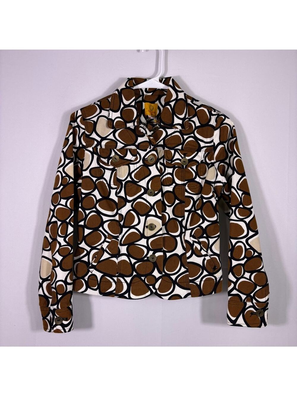 NWT Ruby Rd. Brown White Black Abstract Circles Patterned Jean Jacket Size 4P C2